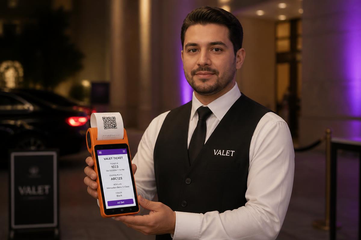 موظف فالي يحمل جهاز POS محمول لإصدار وصل الفالي
